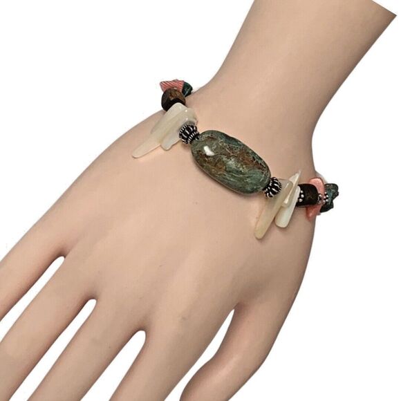 Turquoise 925 Sterling Sliver Bracelet 7" Coral Mother Of Pearl Southwestern - Picture 4 of 14